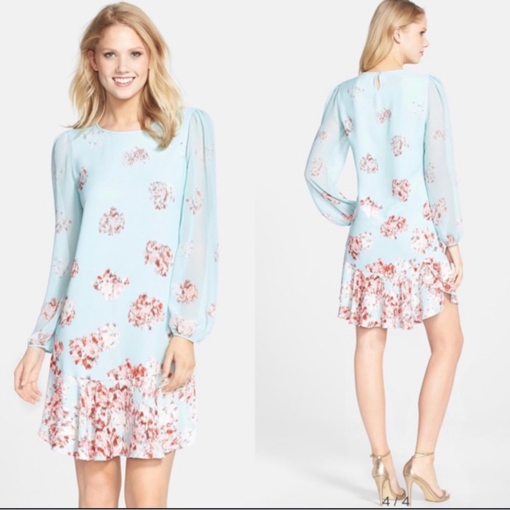 BCBG MaxAzria Bailee Long Sleeve Flounce Hem Floral Shift Dress Size Small